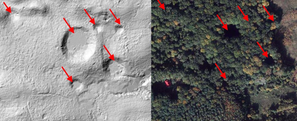 Kratery na obrazie LIDAR (po lewej) i zdjęciu satelitarnym (po prawej) - Źródło: geoportal.gov.pl