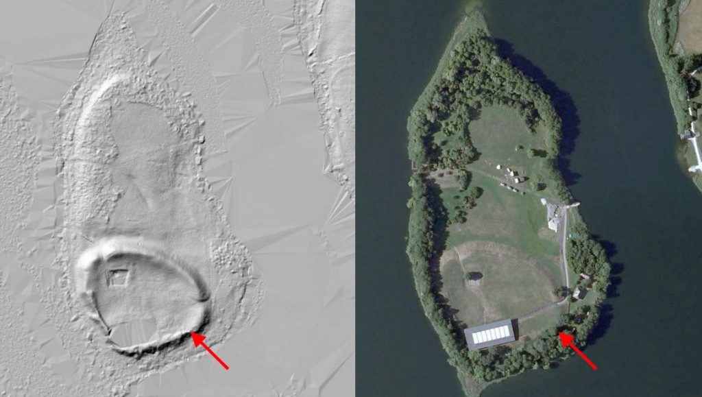Zdjęcie satelitarne i obraz LIDAR z wyraźnie zaznaczonym wałem - Źródło: Geoportal