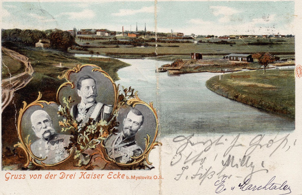 Kartka pocztowa z Trójkąta Cesarzy. Po lewej Niemcy, po prawej Austria, na górze tereny Rosji.