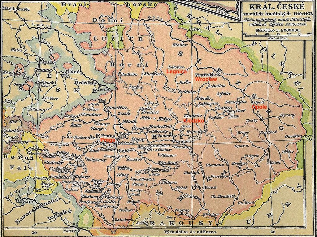 Mapa Królestwa Czech z XV w. wraz z obszarem Śląska i Ziemią Kłodzką.