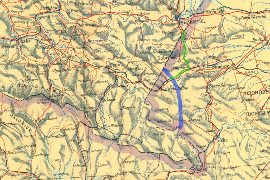Różowy - granice Polski z 1945 r., niebieski - korekta granicy z 1951 r., zielony - fragment linii kolejowej pozostałej w ZSRR.