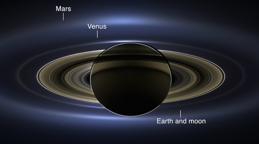 Ziemia, Mars i Wenus na tle pierścieni Saturna.