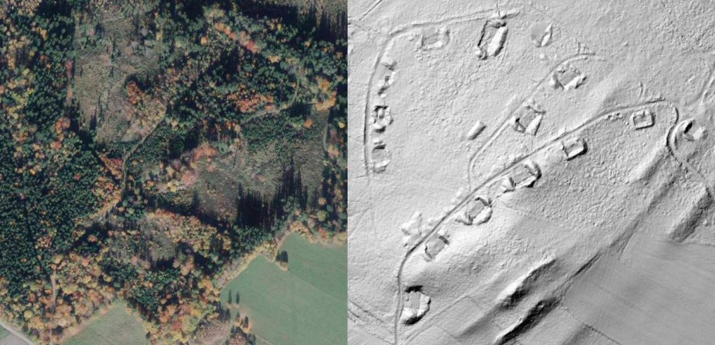 Przybliżenie na obiekty w lesie, zdjęcie satelitarne i obraz LIDAR - Źródło: geoportal.gov.pl