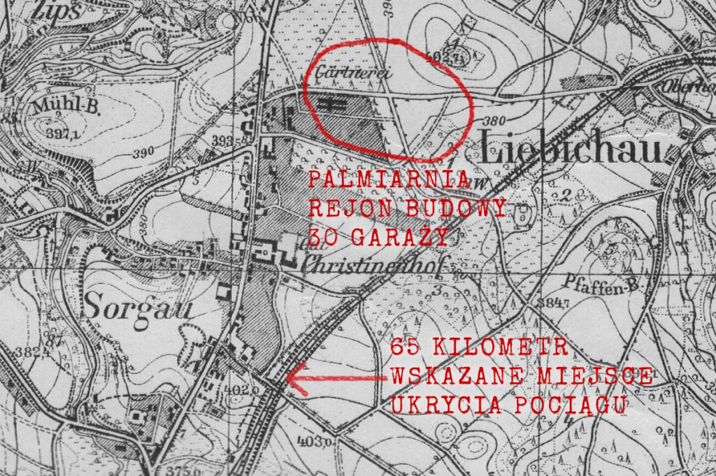 Garaże kompleksu Riese i wskazane miejsce ukrycia pociągu - Stara mapa z lat 30-tch XX wieku