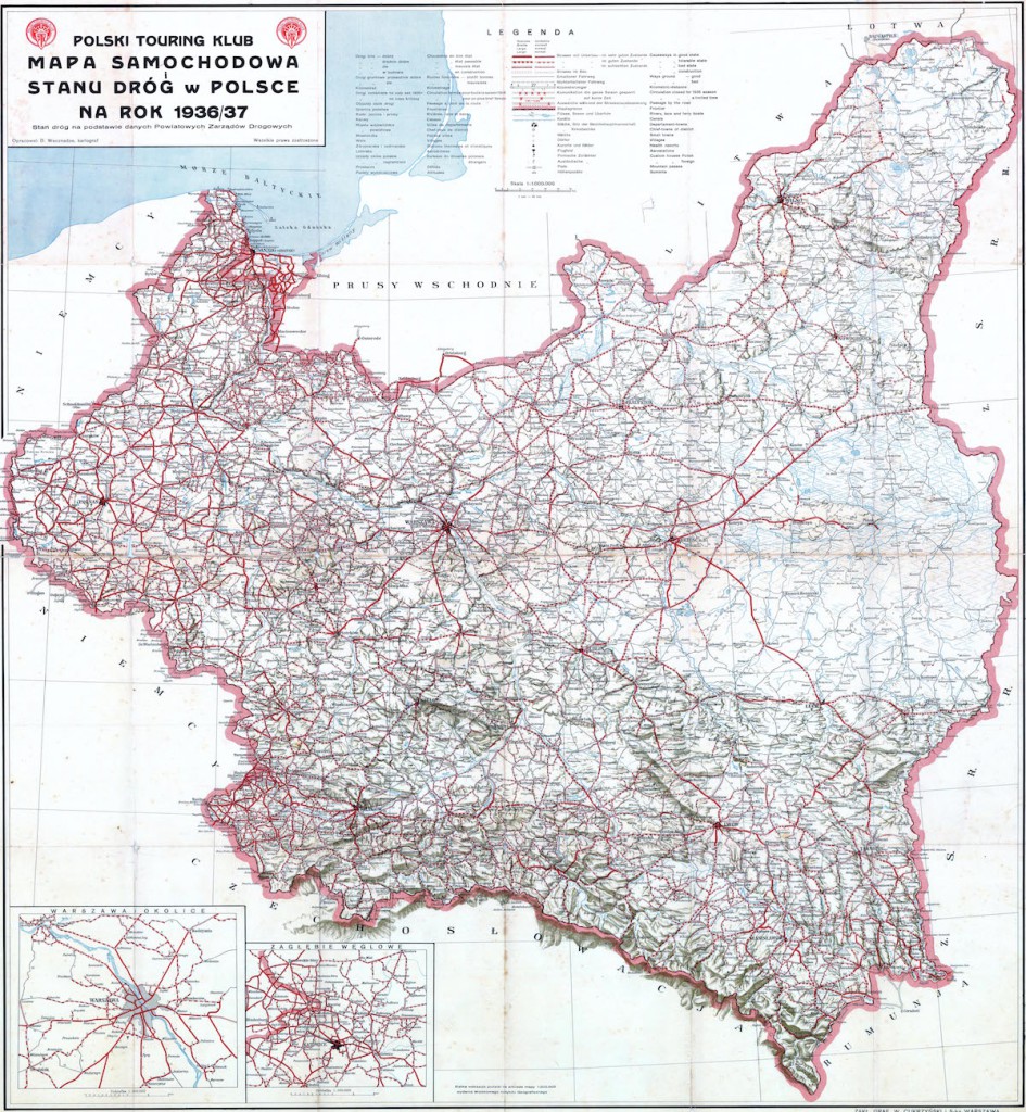 Mapa samochodowa Polski z 1936 roku - Źródło: touringklub.pl