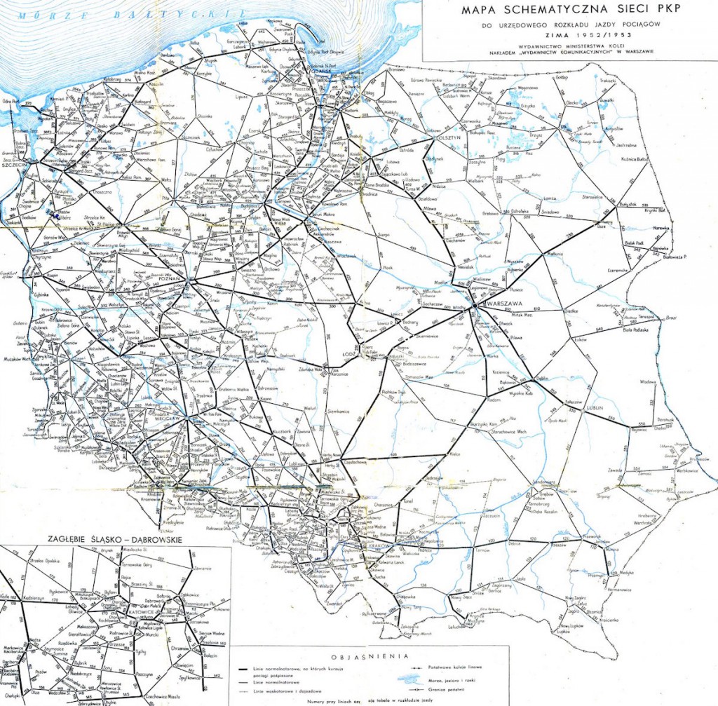 Mapa kolejowa Polski z 1952 roku - 10 Fascynujących Historycznych Map Polski