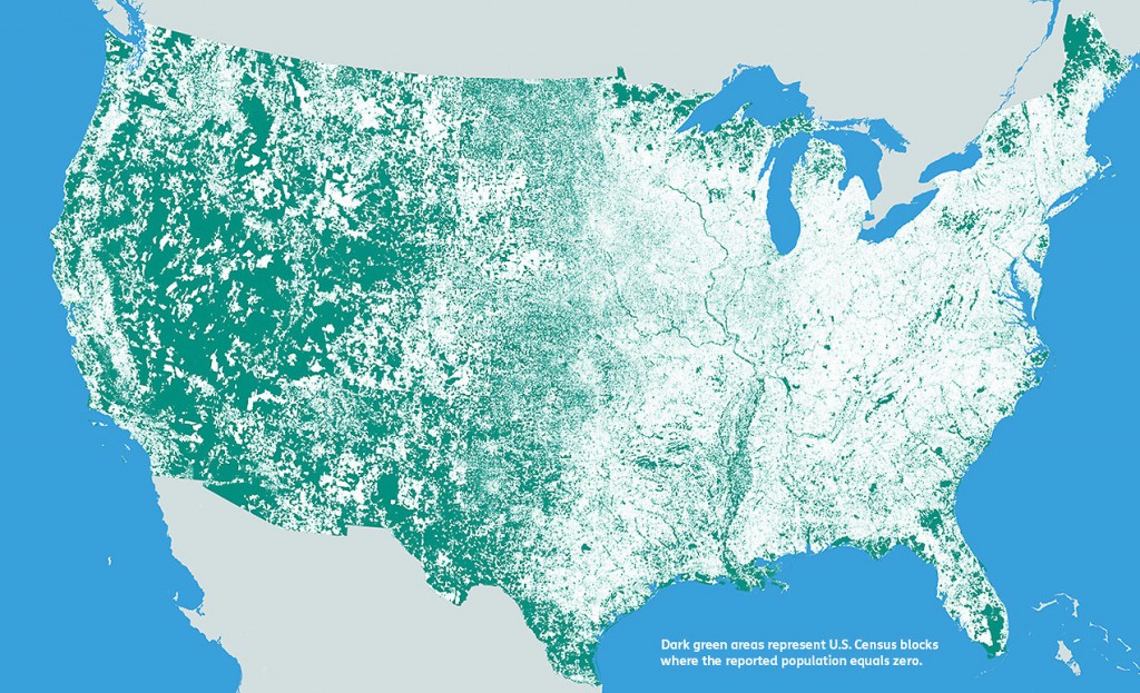 W USA na zielonym obszarze nie ma ludności - Źródło: mapsbynik.com