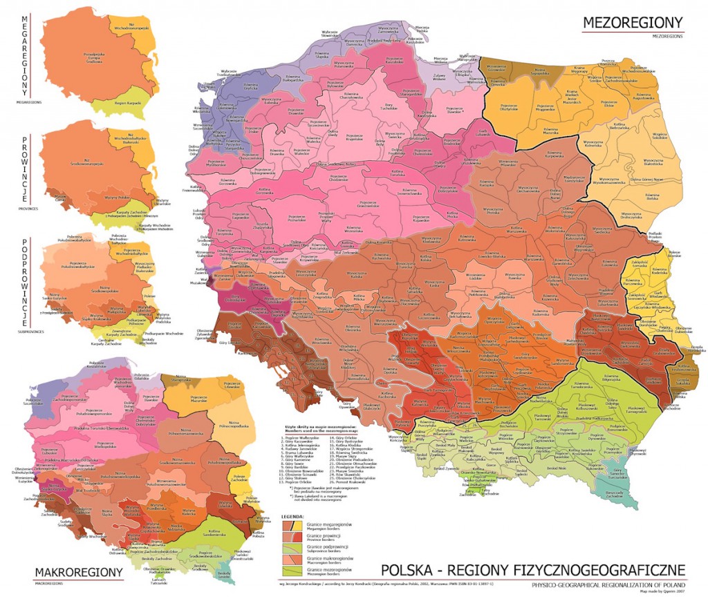 Mapy Regionów Fizycznogeograficznych w Polsce - Źródło: pl.wikipedia.org Autor: Qqerim