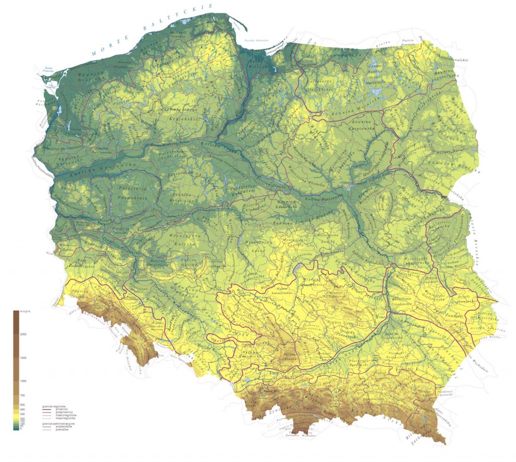 Mapa regionów Polski na tle rzeźby terenu - Źródło: pl.wikipedia.org Autor: Aotearoa
