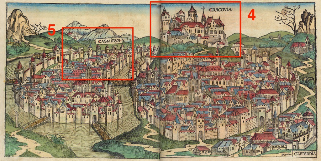 Pkt. 4, 5 - Panoramy Krakowa i Kazimierza - Źródło: Liber Chronicarum