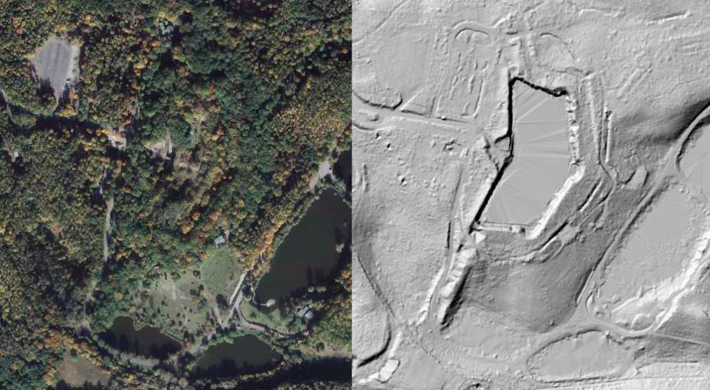 Fort III na zdjęciu satelitarnym (na lewo) i obrazie LIDAR (na prawo) - Źródło: geoportal.gov.pl