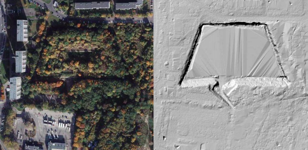 Fort Va na zdjęciu satelitarnym (na lewo) i obrazie LIDAR (na prawo) - Źródło: geoportal.gov.pl