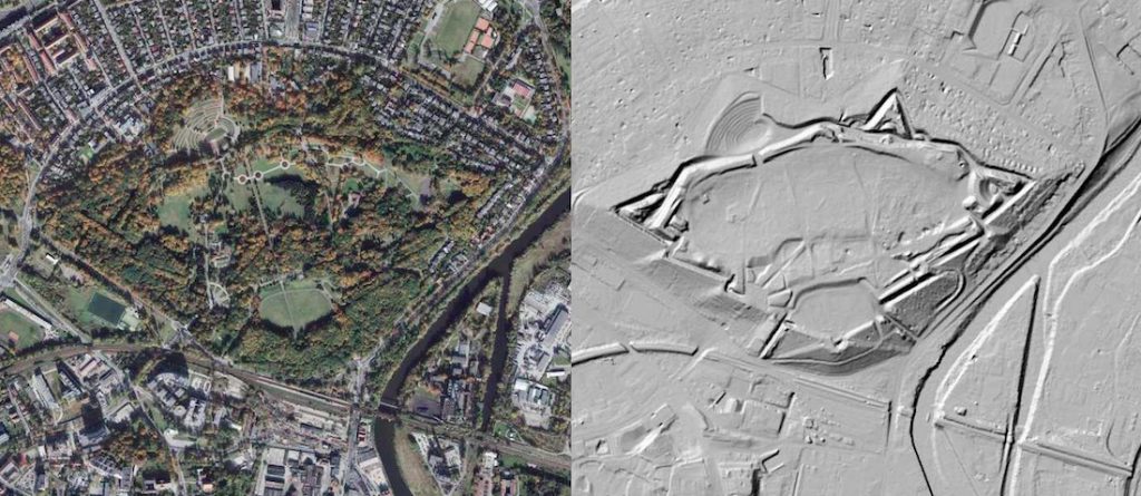 Fort Winiary na zdjęciu satelitarnym (na lewo) i obrazie LIDAR (na prawo) - Źródło: geoportal.gov.pl