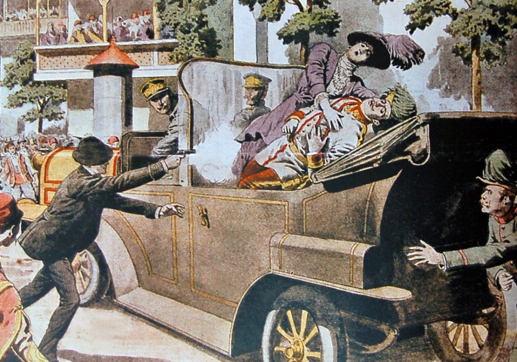 Zamach w Sarajewie i zabójstwo arcyksięcia Franciszka Ferdynanda przedstawione na obrazie