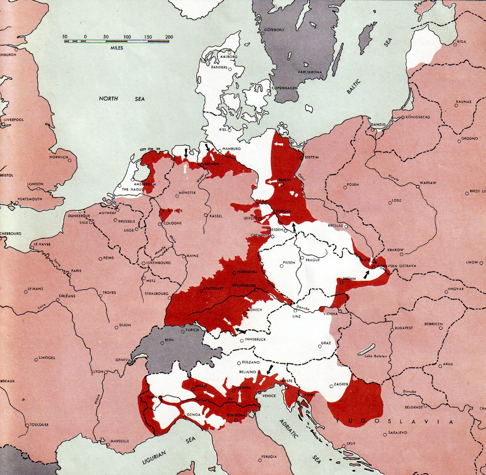 Upadek III Rzeszy - Mapa ostatnich dni nazistowskich Niemiec - Źródło: commons.wikimedia.org Autor: US Army