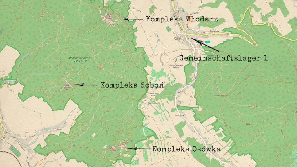 Lokalizacja obozu w Walimiu i trzy kompleksy, przy których mógł pracować H. Grębowicz - Mapa: www.openstreetmap.org