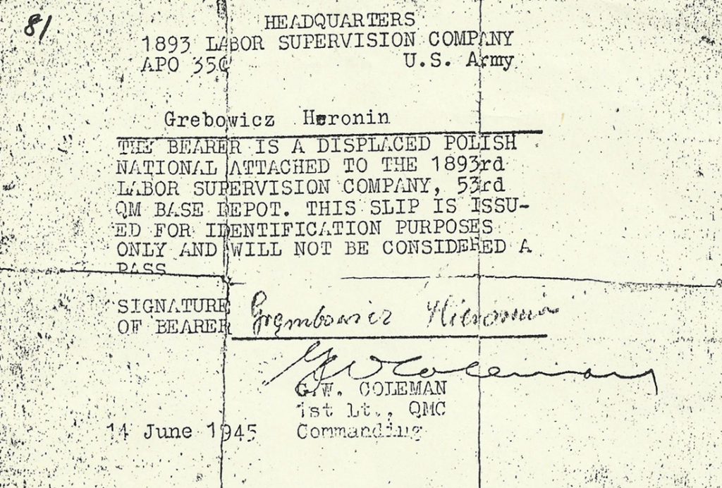 Dokument H. Grębowicza po wyzwoleniu w Bawarii