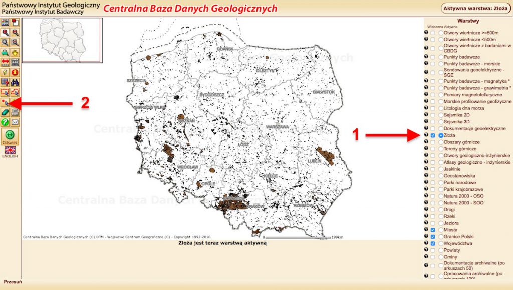 Mapa złóż Polski - Centralna Baza Danych Geologicznych