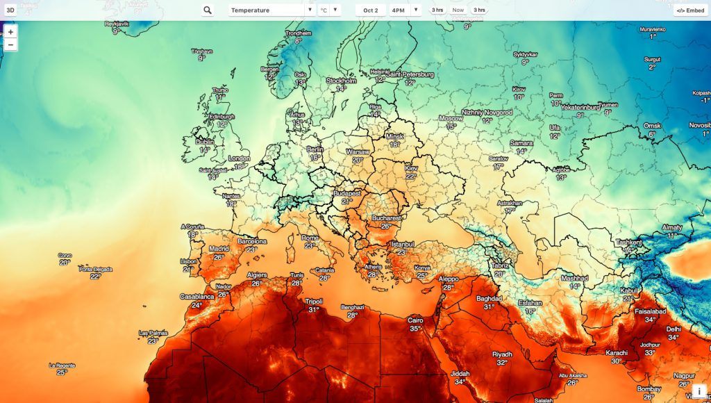 Globalna mapa temperatury i innych zjawisk pogodowych - Źródło: maps.darksky.net
