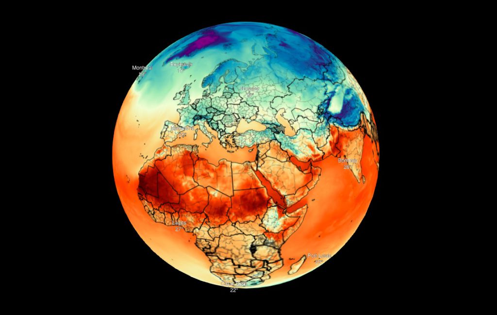 Wizualizacja 3D temperatury na Ziemi - Źródło: maps.darksky.net