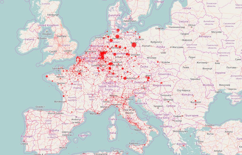 Mapa alianckich nalotów - Źródło: dlozeve.github.io/ww2-bombings