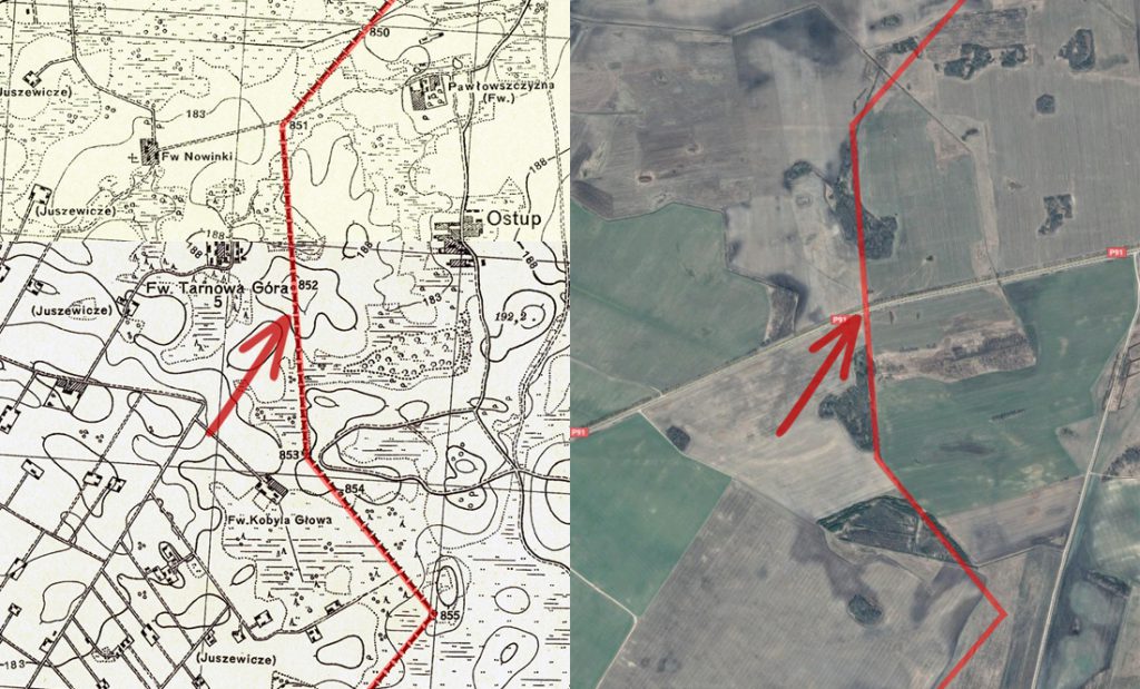 Porównanie starej mapy i współczesnego zdjęcia satelitarnego - Zatrzymaliśmy się dokładnie w miejscu wskazanym przez czerwoną strzałkę
