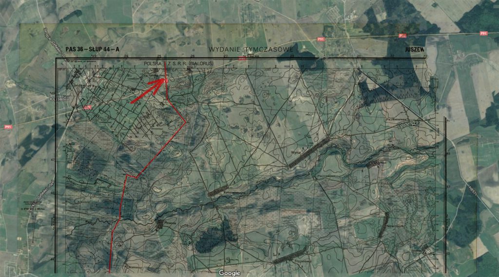 Arkusz starej mapy naniesiony na współczesne zdjęcie satelitarne - Czerwona strzałka wskazuje miejsce naszego zatrzymania, czerwona linia przedwojenną granicę