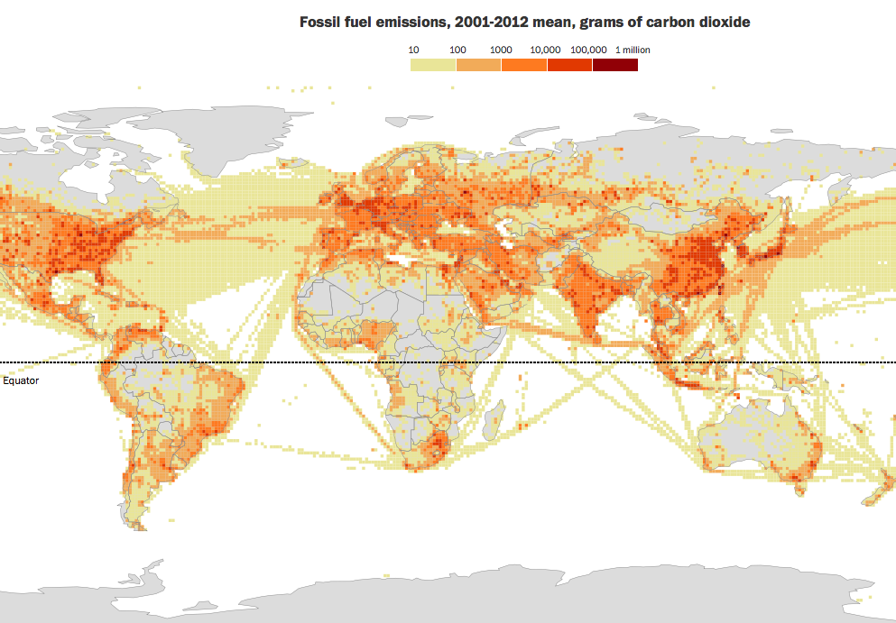 Światowa Mapa Emisji Dwutlenku Węgla - Źródło: http://www.washingtonpost.com