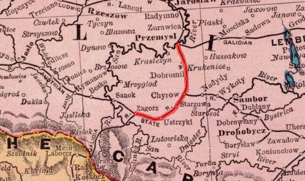 Linia kolejowa Przemyśl-Zagórz (Galicyjska Kolej Transwersalna) na mapie Galicji z 1897 r.