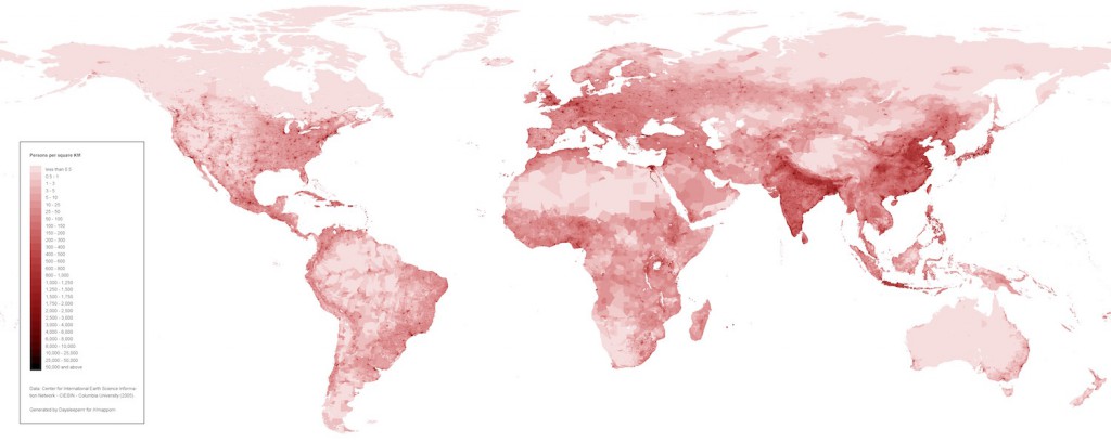 Rozkład gęstości zaludnienia na Ziemi - Źródło: Columbia University