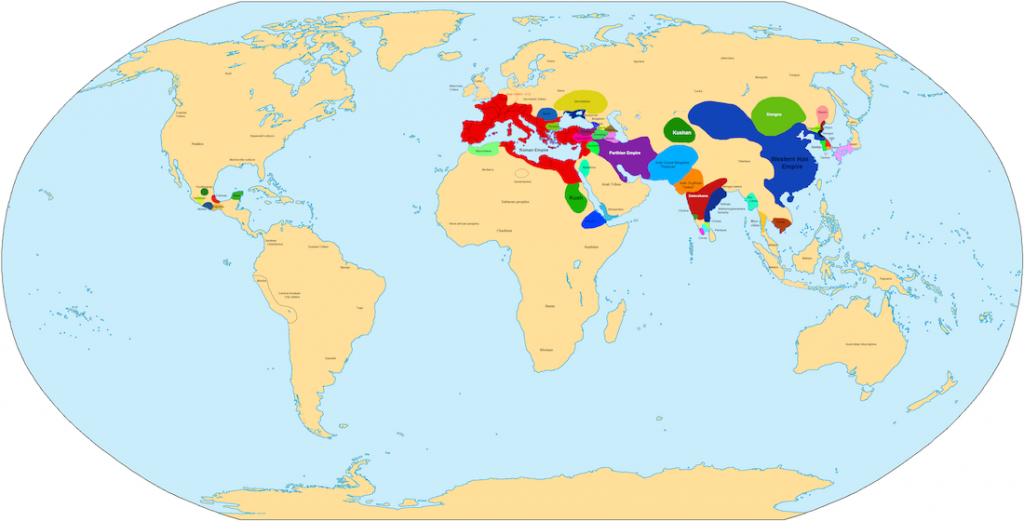 Mapa świata w 100 roku p.n.e. - Źródło: commons.wikimedia.org Autor: Javierfv1212