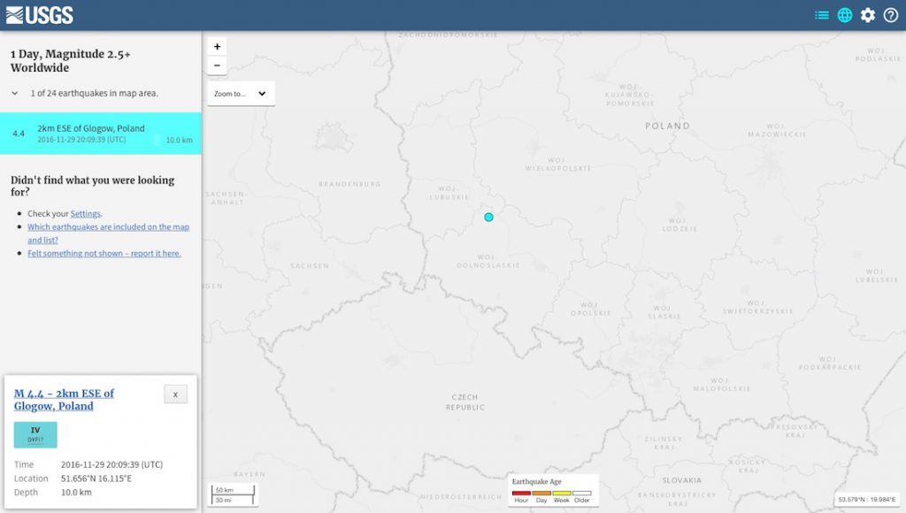 Odnotowane wstrząsy w kopalni KGHM "Rudna" w Polkowicach - Źródło: USGS