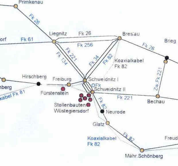 Fragment mapy odnalezionej przez Romualda Owczarka, przedstawiającej schemat sieci telefonicznej na Dolnym Śląsku - Zbiory: Romuald Owczarek