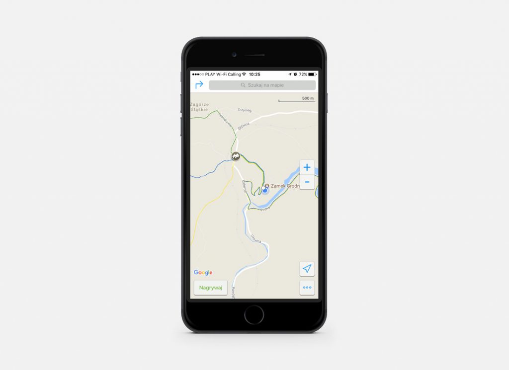 Aplikacja posiada również opcję naniesienia szlaków na podstawową mapę Google Maps, ale w terenie nie jest ona zbytnio przydatna