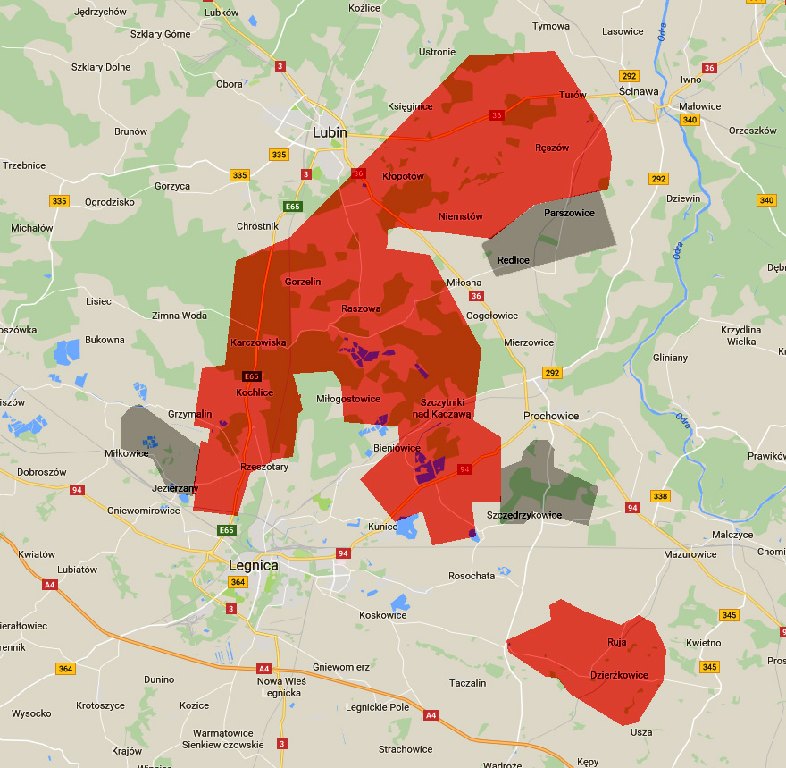Planowany obszar działalności kopalni odkrywkowej: kolor czerwony - obszar odkrywki, kolor szary - miejsca na zwałowiska