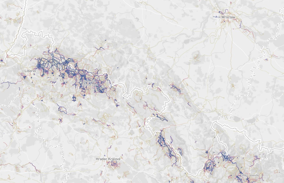 Mapa pokazuje, gdzie m.in. na nartach jeździ się na Dolnym Śląsku - Źródło: labs.strava.com