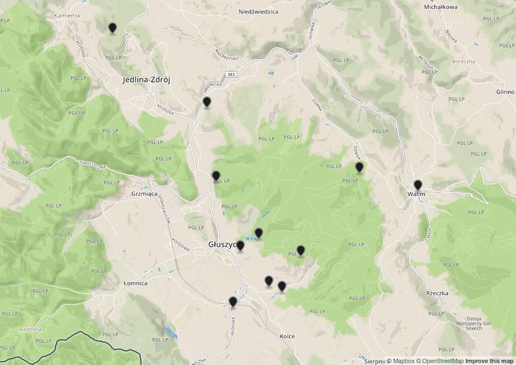 W Górach Sowich zostały uwzględnione podobozy AL Riese, ale ich lokalizacja nie wszędzie jest prawidłowa - Źródło: apps.frontline.org/camps