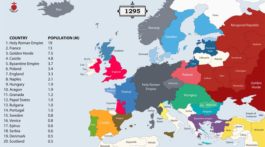 Granice państw Europy w 1295 roku – Źródło: youtube/Cottereau