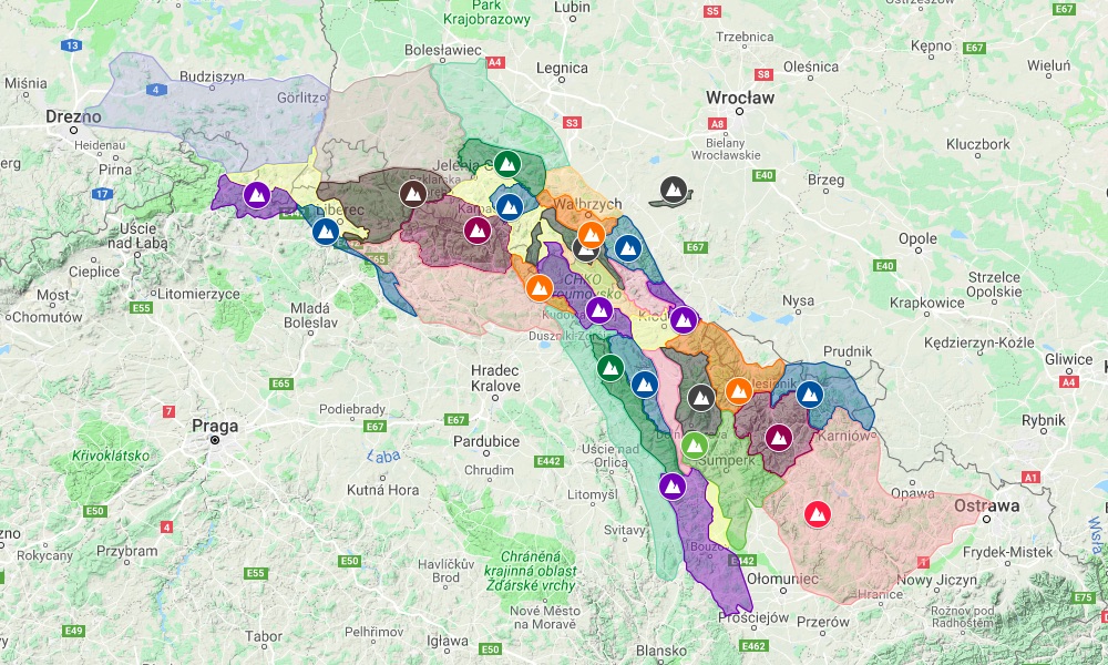 Podział Sudetów – Wersja mapy w formie statycznej, zrzut ekranu