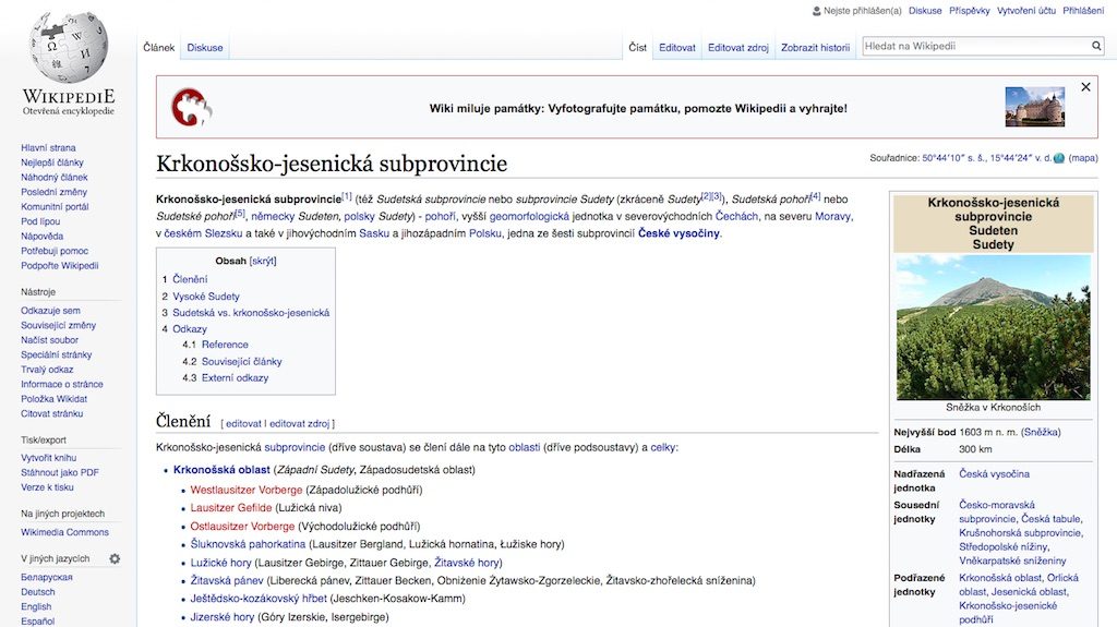 Sudety w Czechach? O nie! Czeska wikipedia jednoznacznie podaje oficjalną nazwę Krkonošsko-jesenická subprovincie