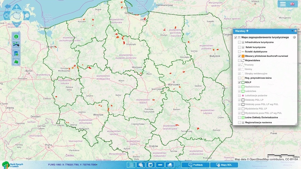 Mapa portalu Bank Danych o Lasach z zaznaczonymi pilotażowymi obszarami do bushcraftu i survivalu
