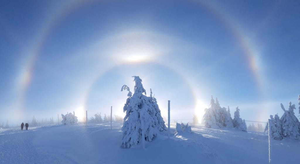 Nietypowe zjawisko halo zaobserwowane w Karkonoszach: dwa pierścienie halo 22° i 46° przecięte kręgiem parhelicznym z efektem słońca pobocznego – Foto: Anna Walusiak Źródło: Karkonoski Park Narodowy