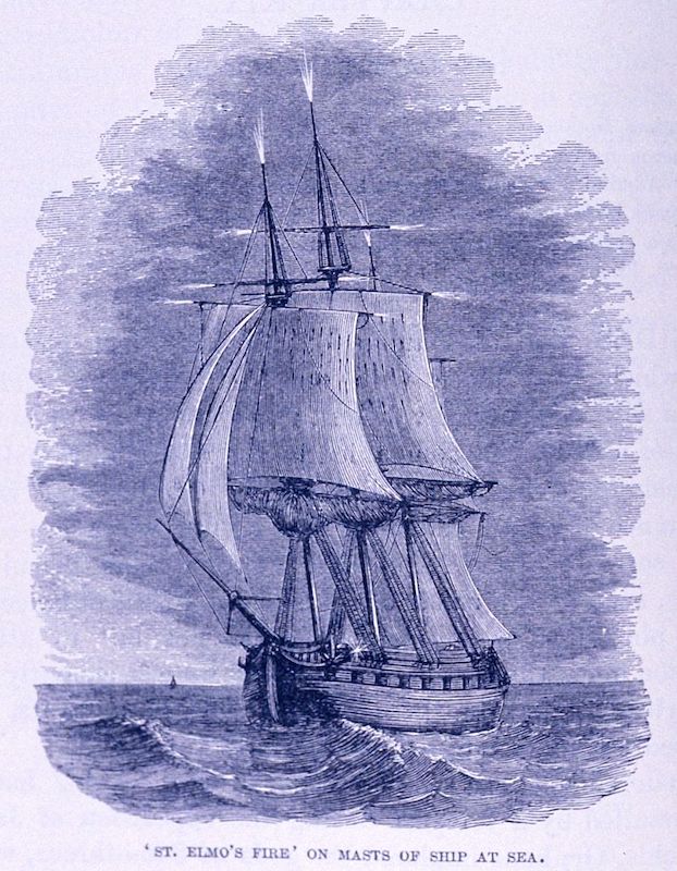 XIX-wieczna grafika przedstawiająca ognie świętego Elma na masztach statku