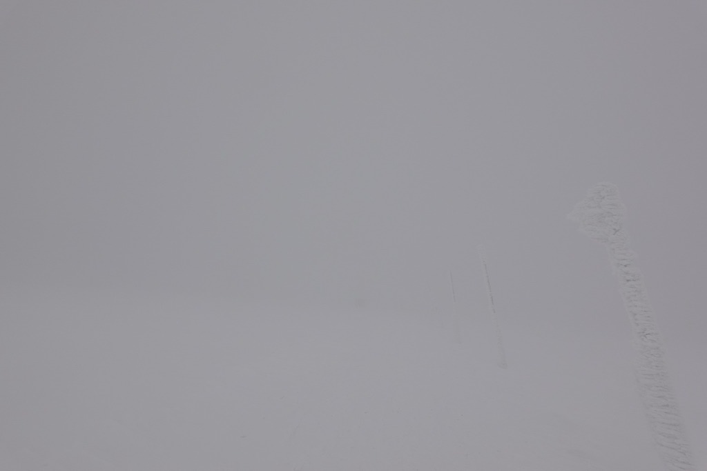 Zjawisko White-out w Karkonoszach, po prawej ledwo widoczne ośnieżone tyczki – Źródło: Karkonoski Park Narodowy