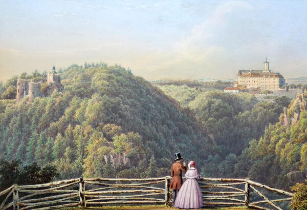 Punkt widokowy na dwa zamki Książ na XIX-wiecznej litografii – Źródło: polska-org.pl