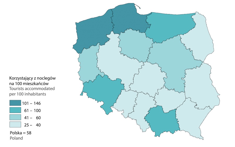 Turystyka w Polsce w 2021 roku, wskaźnik intensywności ruchu turystycznego według Schneidera – Źródło: GUS
