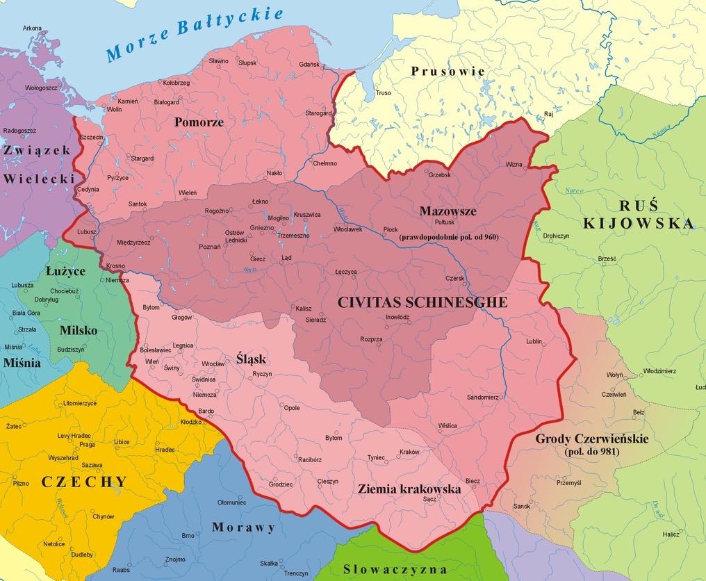 Przypuszczalny zasięg państwa Mieszka I – Autor: Poznaniak Źródło: wikimedia.org