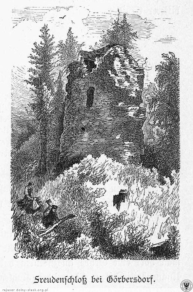 Ruiny zamku Radosno na grafice z XIX wieku – Źródło: polska-org.pl