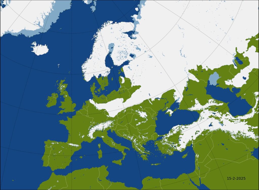 Duża mapa przedstawiająca aktualny zasięg pokrywy śnieżnej w Europie, stan na dzień 15.02.2025 r. – Źródło: zoz.cbk.waw.pl